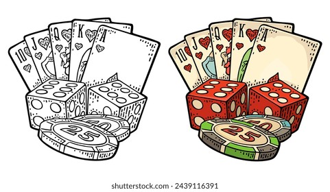 Casino set. Royal straight flush playing cards in hearts, poker chips, dice. Vector vintage color engraving isolated on white background. Hand drawn design element for poster