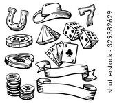 Casino set symbols and stetson. Engraving vintage vector black illustration. Isolated on white background. Hand drawn design element for label and poster