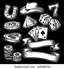 Casino set symbols and stetson. Engraving vintage vector white illustration. Isolated on black background. Hand drawn design element for label and poster
