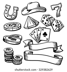 Casino set symbols and stetson. Engraving vintage vector black illustration. Isolated on white background. Hand drawn design element for label and poster