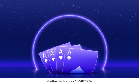 Casino shine background with frame and aces. Concept for flyer, banner, poster. Vector illustration.