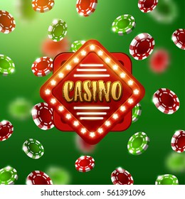 Casino sign with background of  falling green and red chips   