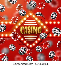 Casino sign with background of  falling red and black chips   