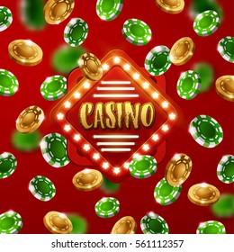 Casino sign with background of poker chips falling green and gold chips  