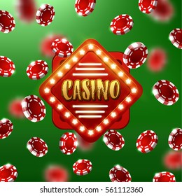 Casino sign with background of poker chips falling red chips   