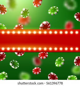 Casino sign with  Glowing star Lights. background of  falling green and red chips     