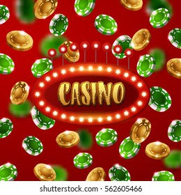 Casino sign with  Glowing star Lights. background of  falling  chips    