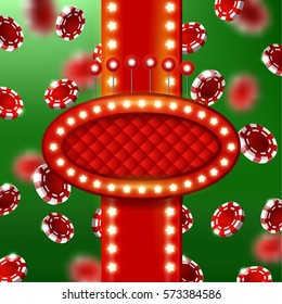 Casino sign with  Glowing star Lights. background of  falling poker chips     