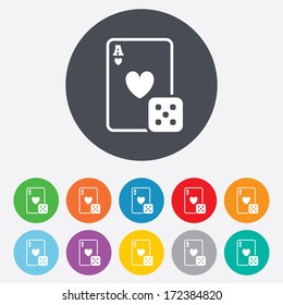Casino sign icon. Playing card with dice symbol. Round colourful 11 buttons. Vector