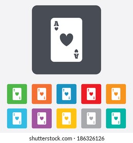 Casino sign icon. Playing card symbol. Ace of hearts. Rounded squares 11 buttons. Vector