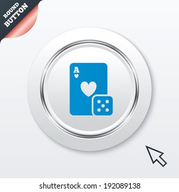 Casino sign icon. Playing card with dice symbol. White button with metallic line. Modern UI website button with mouse cursor pointer. Vector