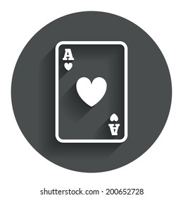 Casino sign icon. Playing card symbol. Ace of hearts. Circle flat button with shadow. Modern UI website navigation. Vector