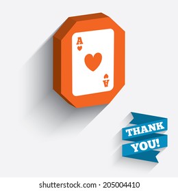Casino sign icon. Playing card symbol. Ace of hearts. White icon on orange 3D piece of wall. Carved in stone with long flat shadow. Vector