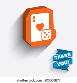 Casino sign icon. Playing card with dice symbol. White icon on orange 3D piece of wall. Carved in stone with long flat shadow. Vector