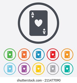 Casino sign icon. Playing card symbol. Ace of hearts. Round circle buttons with frame. Vector