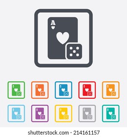 Casino sign icon. Playing card with dice symbol. Round squares buttons with frame. Vector