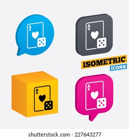 Casino sign icon. Playing card with dice symbol. Isometric speech bubbles and cube. Rotated icons with edges. Vector