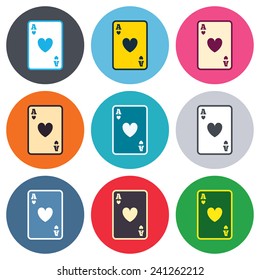 Casino sign icon. Playing card symbol. Ace of hearts. Colored round buttons. Flat design circle icons set. Vector