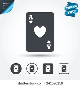 Casino sign icon. Playing card symbol. Ace of hearts. Circle and square buttons. Flat design set. Thank you ribbon. Vector