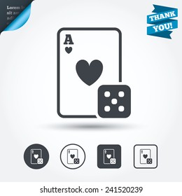 Casino sign icon. Playing card with dice symbol. Circle and square buttons. Flat design set. Thank you ribbon. Vector