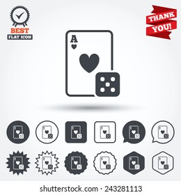 Casino sign icon. Playing card with dice symbol. Circle, star, speech bubble and square buttons. Award medal with check mark. Thank you ribbon. Vector