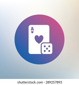 Casino sign icon. Playing card with dice symbol. Icon on blurred background. Vector