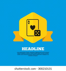 Casino sign icon. Playing card with dice symbol. Yellow label tag. Circles seamless pattern on back. Vector