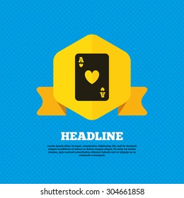 Casino sign icon. Playing card symbol. Ace of hearts. Yellow label tag. Circles seamless pattern on back. Vector