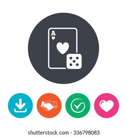 Casino sign icon. Playing card with dice symbol. Download arrow, handshake, tick and heart. Flat circle buttons.