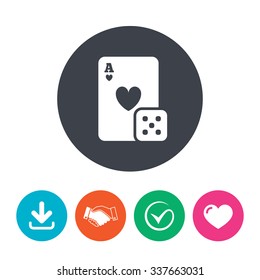 Casino sign icon. Playing card with dice symbol. Download arrow, handshake, tick and heart. Flat circle buttons.