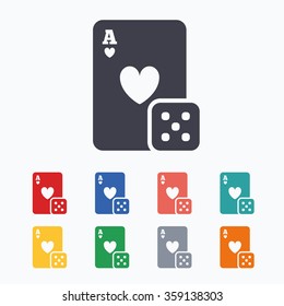 Casino sign icon. Playing card with dice symbol. Colored flat icons on white background.