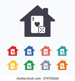 Casino sign icon. Playing card with dice symbol. Colored flat icons on white background.