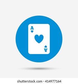 Casino sign icon. Playing card symbol. Ace of hearts. Blue circle button with icon. Vector
