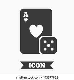 Casino sign icon. Playing card with dice symbol. Graphic design element. Flat casino symbol on white background. Vector