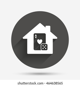 Casino sign icon. Playing card with dice symbol. Circle flat button with shadow. Vector
