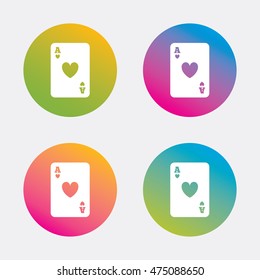 Casino sign icon. Playing card symbol. Ace of hearts. Gradient flat buttons with icon. Modern design. Vector