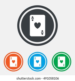 Casino sign icon. Playing card symbol. Ace of hearts. Graphic design web element. Flat playing card symbol on the round button. Vector
