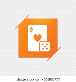Casino sign icon. Playing card with dice symbol. Orange square label on pattern. Vector