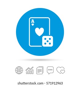 Casino sign icon. Playing card with dice symbol. Copy files, chat speech bubble and chart web icons. Vector