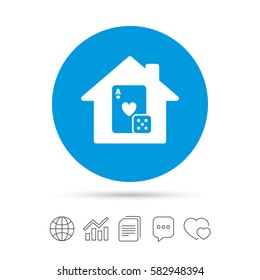 Casino sign icon. Playing card with dice symbol. Copy files, chat speech bubble and chart web icons. Vector