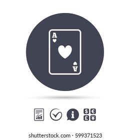 Casino sign icon. Playing card symbol. Ace of hearts. Report document, information and check tick icons. Currency exchange. Vector