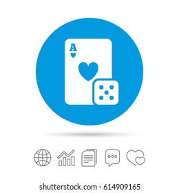 Casino sign icon. Playing card with dice symbol. Copy files, chat speech bubble and chart web icons. Vector