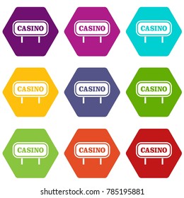Casino sign icon set many color hexahedron isolated on white vector illustration