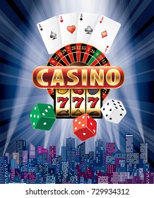 Casino sign with casino icons on blue burst and modern cityscape, vector background