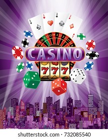 Casino sign with casino icons on purple burst and modern cityscape, vector background with roulette, cards, chips slot machine and dices