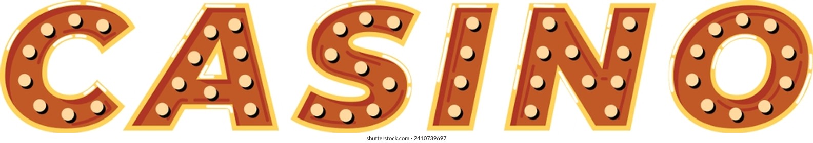 Casino sign with orange neon lights and bulbs. Glowing lettering for gambling house advertisement. Gambling, nightlife entertainment, Vegas style casino vector illustration.