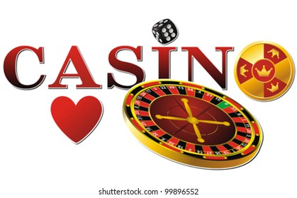 casino sign with roulette, dice and cards on white background