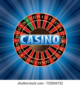 Casino sign with roulette on blue burst, vector background