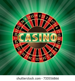 Casino sign with roulette on green burst, vector background