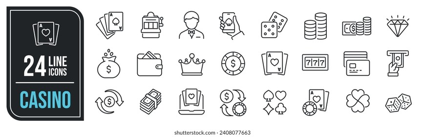 Casino simple minimal thin line icons. Related poker, gambling, jackpot, chips. Vector illustration.